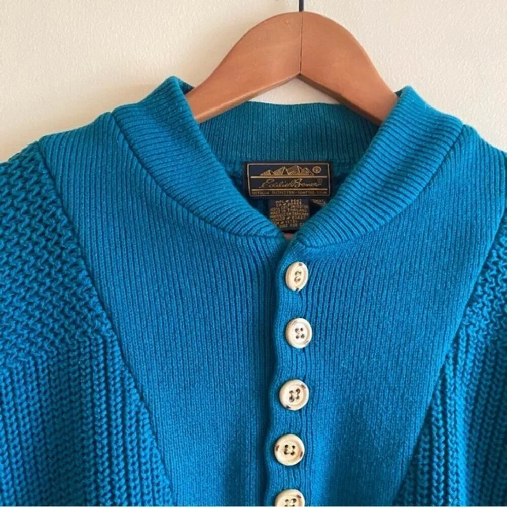 Y2K Eddie Bauer Henley Sweater Men Large TALL Cotton Chunky Knit Preppy Gorpcore - Picture 5 of 13